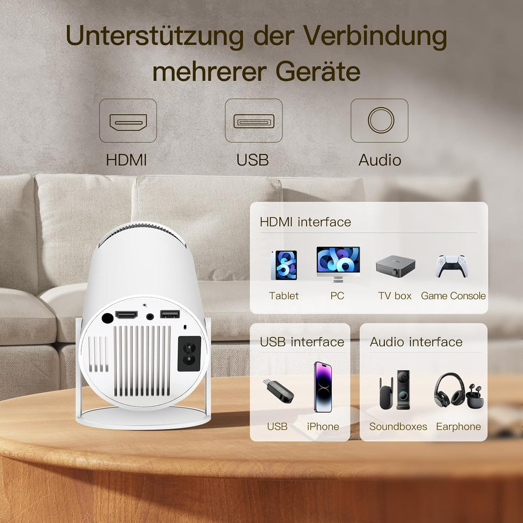 Mini Beamer mit Android TV mit Bluetooth & WiFi 6, Auto Keystone Portable Projektor, 180° Rotation,
