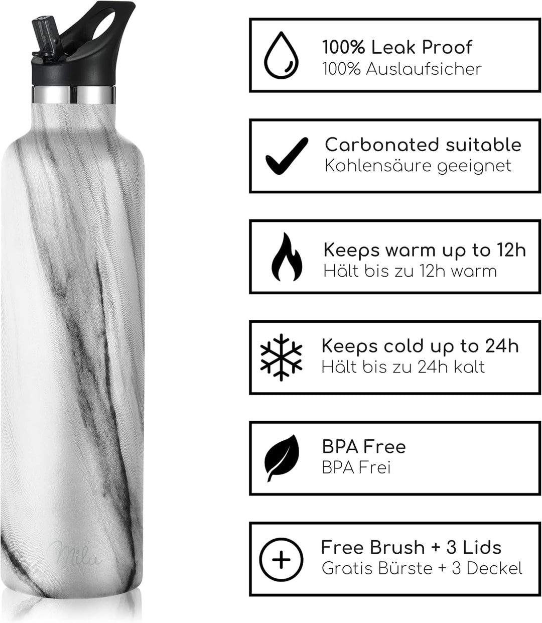 Milu Edelstahl Trinkflasche 500ml, 750ml, 1000ml (+3 Deckel) - Thermosflasche mit Strohhalm, Isolier