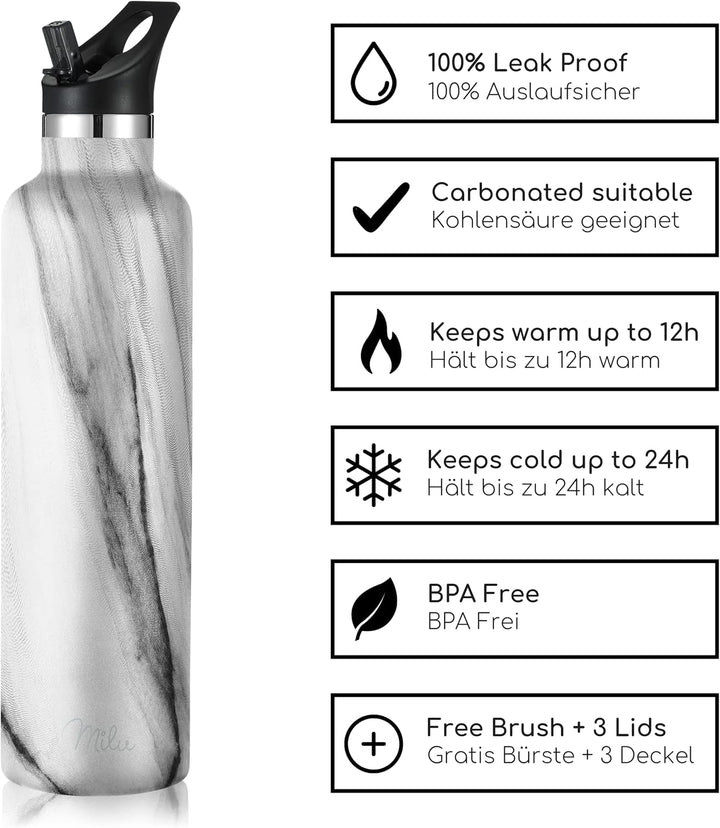 Milu Edelstahl Trinkflasche 500ml, 750ml, 1000ml (+3 Deckel) - Thermosflasche mit Strohhalm, Isolier