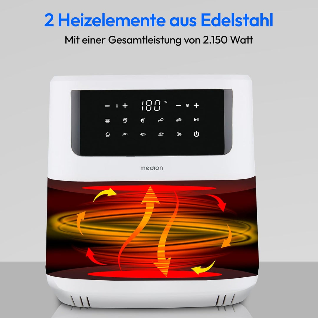 MEDION P10 XL Duo Heissluftfritteuse (6,8 Liter XXL, Airfryer, 2.150 Watt, zwei Heizelemente aus Ede