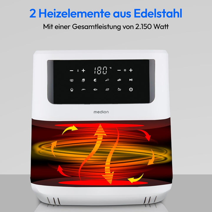 MEDION P10 XL Duo Heissluftfritteuse (6,8 Liter XXL, Airfryer, 2.150 Watt, zwei Heizelemente aus Ede