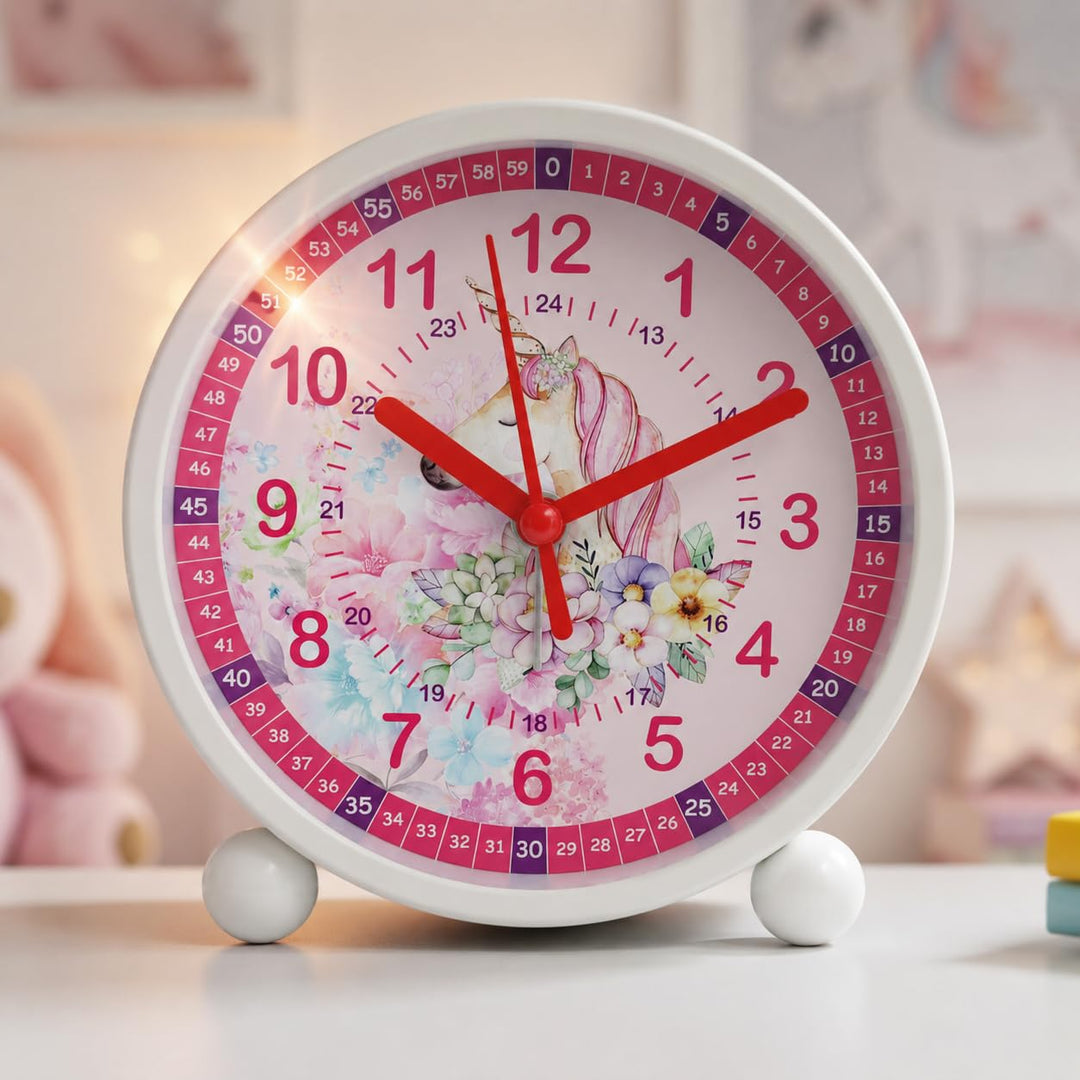 K&amp;L Wall Art Rosa Kinderwecker Einhorn Lernuhr Kinder Tischuhr Mädchen Kinderzimmer Tischwecker mit