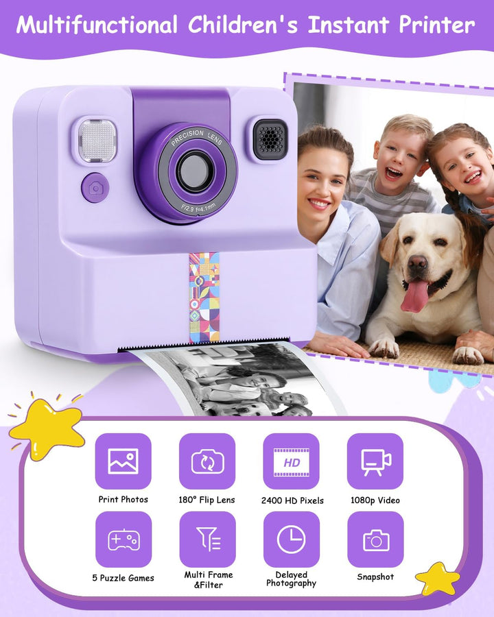 Sofortbildkamera Kinder, 1080P HD Kinderkamera Sofortbildkamera mit Sofortdruck, 32GB SD-Karte & 5 R