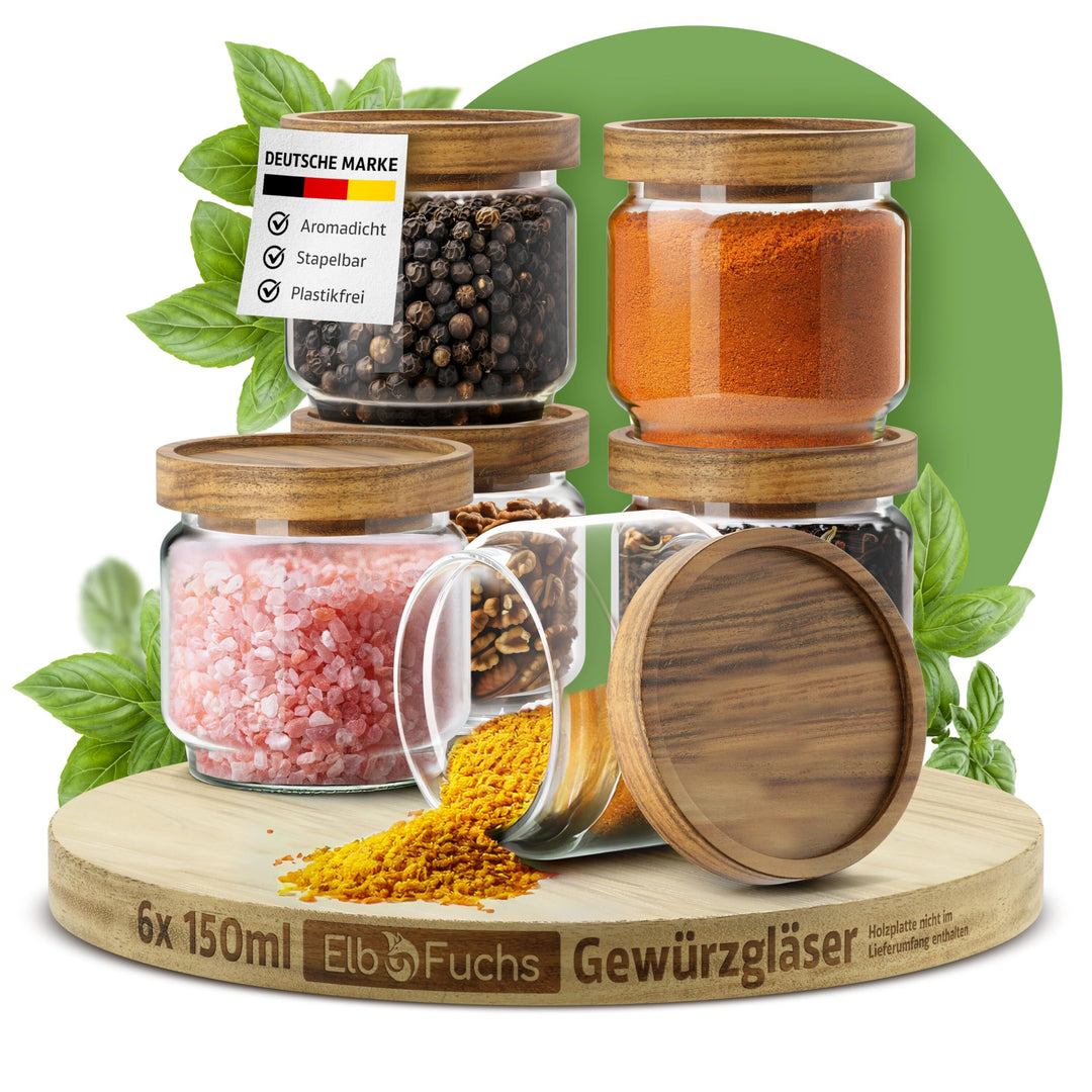ElbFuchs® Gewürzgläser Set NEU | 6x 150ml [ LUFTDICHT & BPA-FREI ] Gewürzgläser rund mit Holzdeckel
