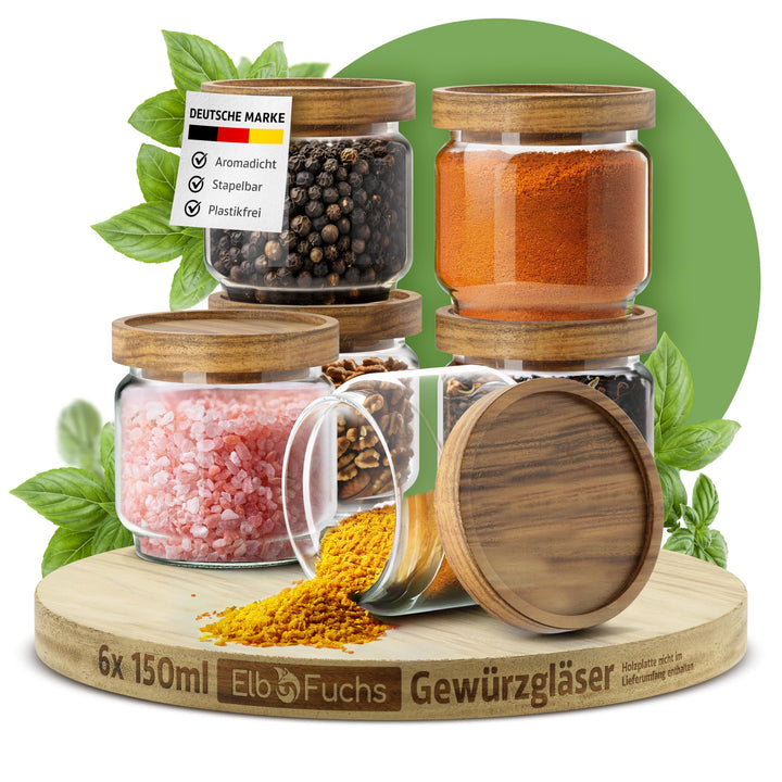ElbFuchs® Gewürzgläser Set NEU | 6x 150ml [ LUFTDICHT & BPA-FREI ] Gewürzgläser rund mit Holzdeckel