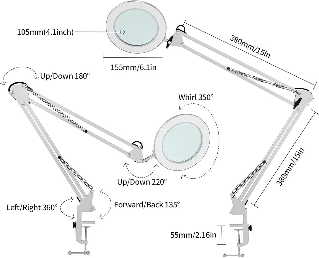 Beyamz Lupenleuchte Lupenlampe / 105 mm 5-Dioptrien-Echtglas / 3 Farbmodi / 10-stufig Dimmbar / 750