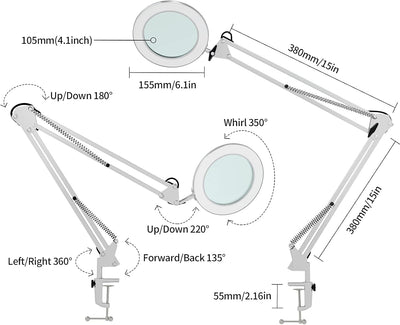 Beyamz Lupenleuchte Lupenlampe / 105 mm 5-Dioptrien-Echtglas / 3 Farbmodi / 10-stufig Dimmbar / 750