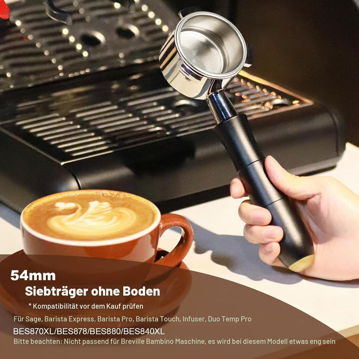 MEION 54 mm Siebträger ohne Boden mit eloxiertem Aluminium-Griff, kompatibel mit Breville Barista Ex