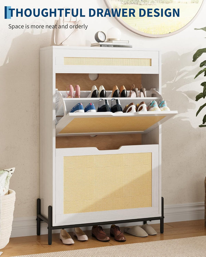 60×22×H104 Schuhschrank, 2 Klappen & 1 Schubladen, Rattan & Verstellbare Ablagen & Geschlossenes, Sh