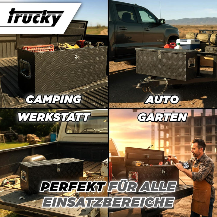 Trucky Truckbox aus Aluminium, in Schwarz, Abschliessbar, Robustes Riffelblech, Für Werkstatt, Auto,