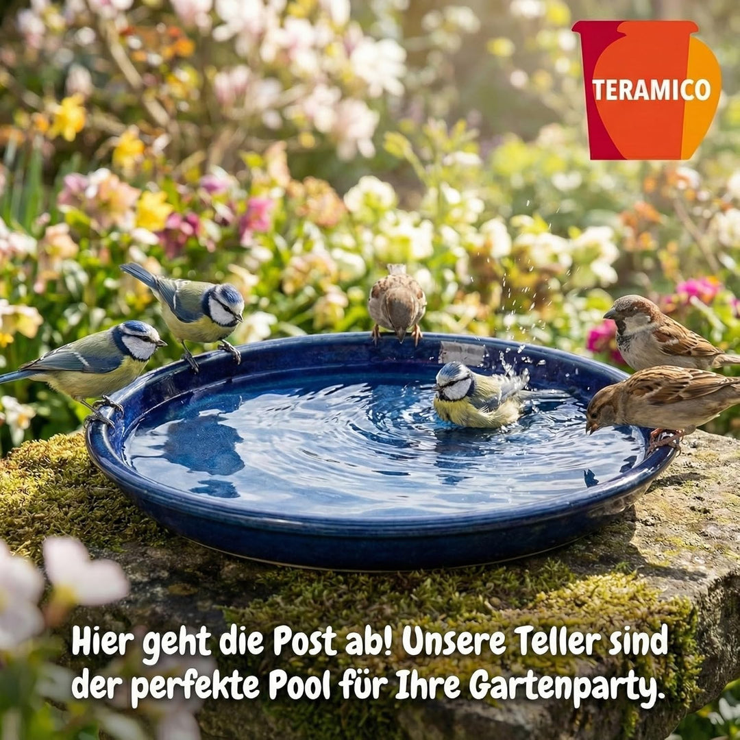 Teramico Vogeltränke/Teller/Untersetzer für Pflanzgefässe Blumentöpfe Blau Weiss Anthrazit glasiert