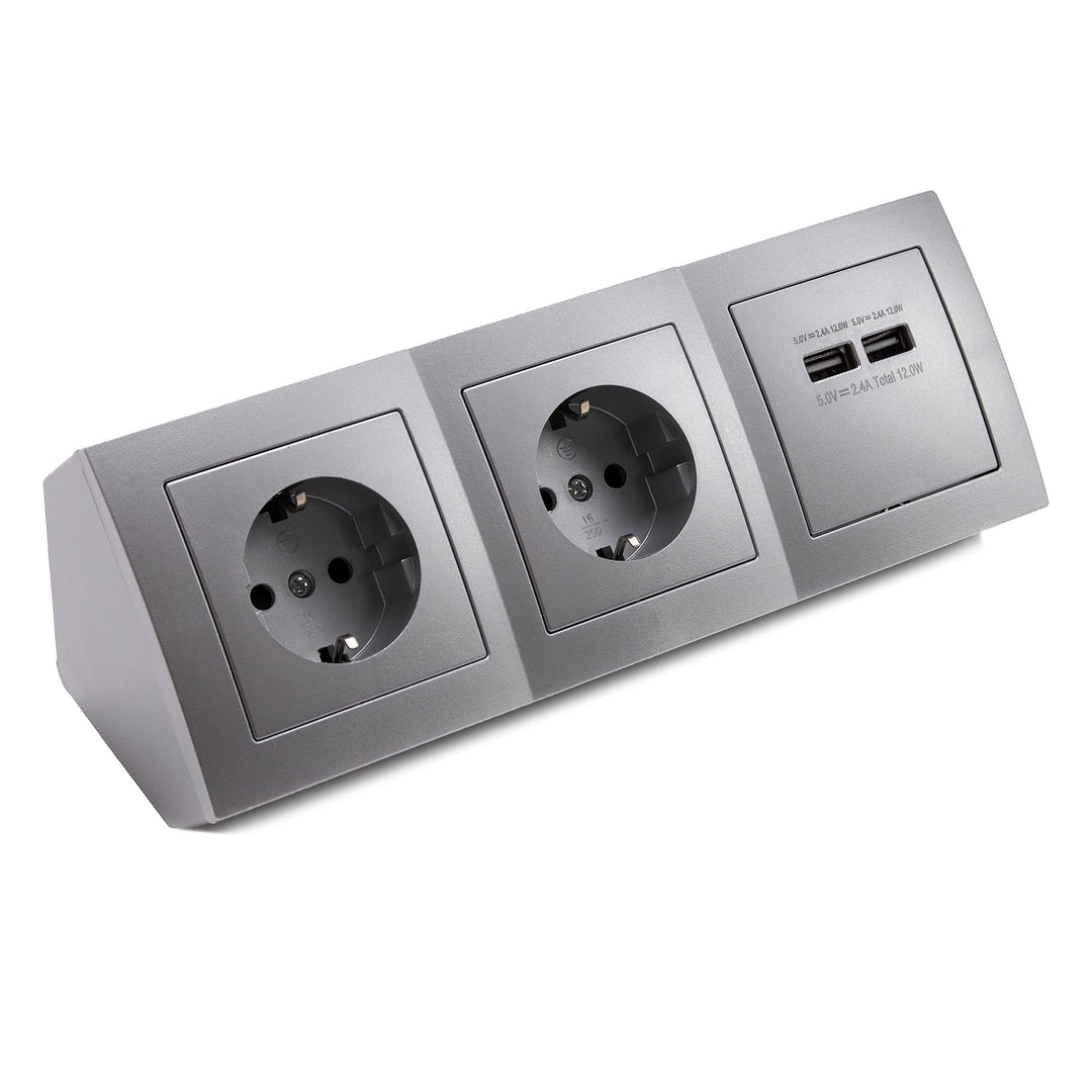 Eck-Steckdose Aufbaumontage, 2-Fach Schuko, 2X USB, 15 cm Anschlusskabel und Lüsterklemme für Küchen