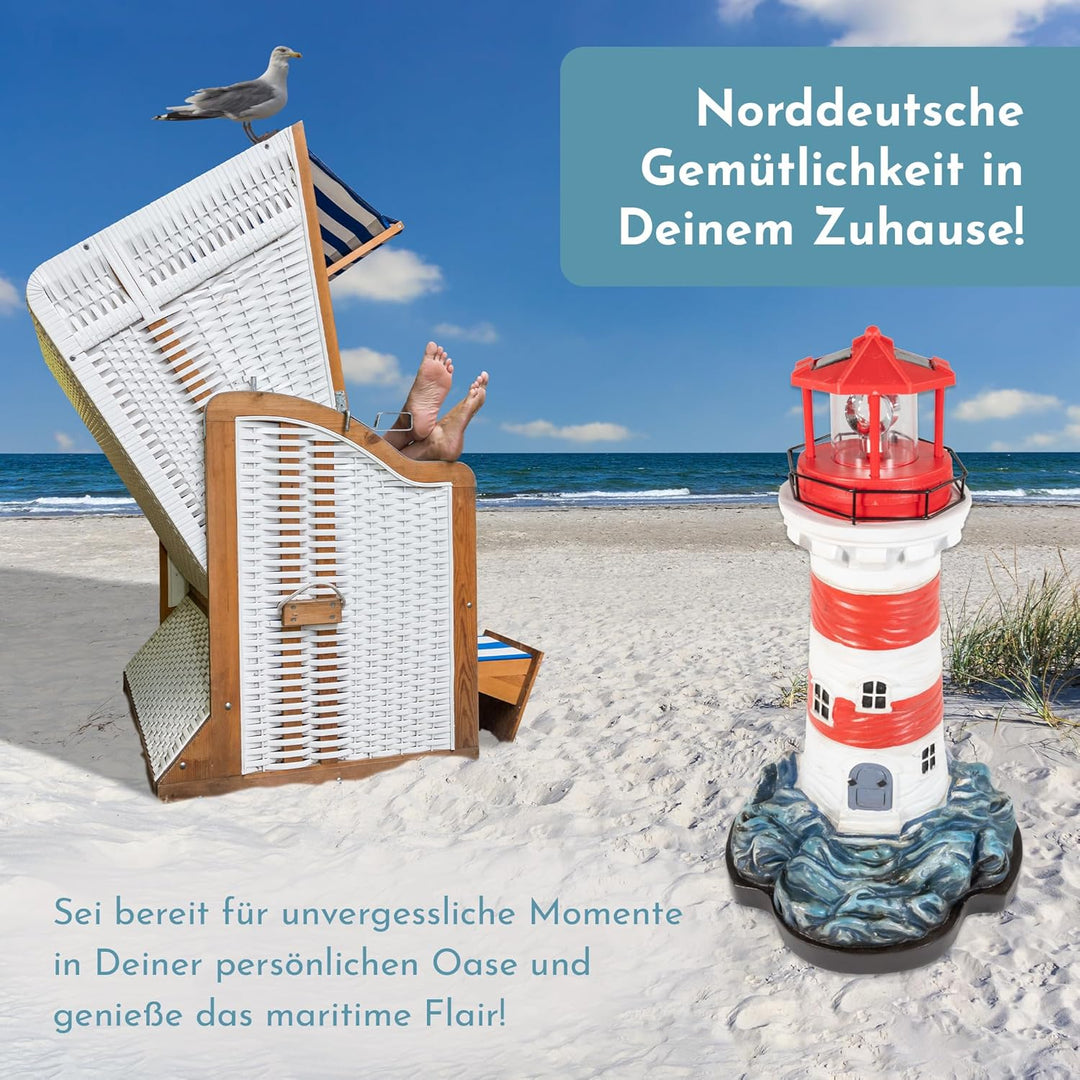 NATIV LEMODO Gartendeko Blauer Leuchtturm mit rotierendem Leuchtfeuer | Handbemalte Gartenfigur mit