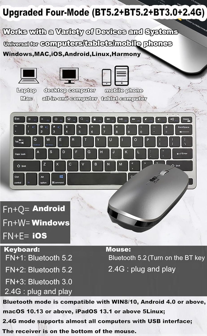 Tastatur Maus Set Kabellos,Upgrade 4 Mode Bluetooth5.2+5.2+3.0+2.4G USB,Einfache Version Funktastatu
