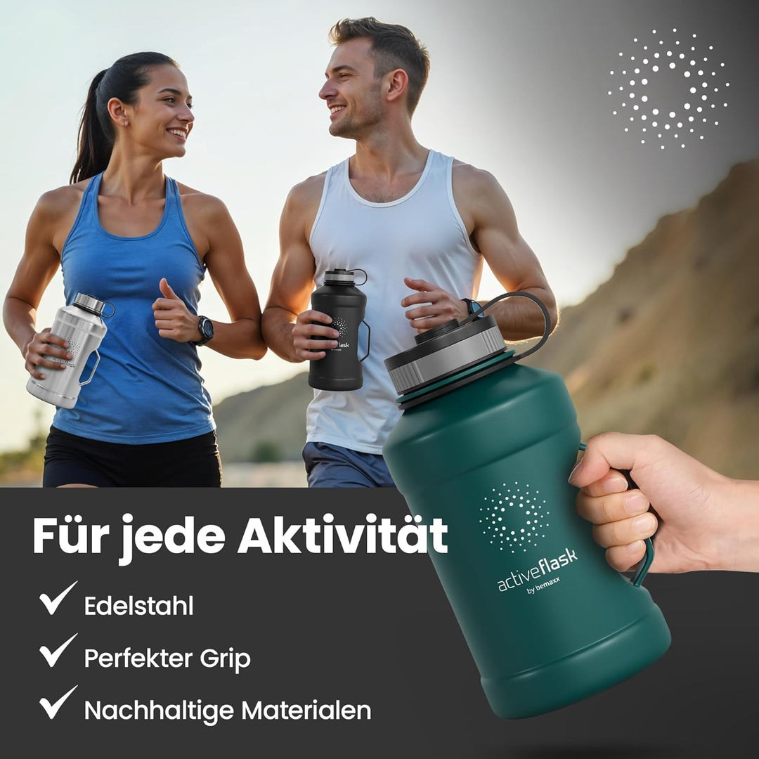 BeMaxx Trinkflasche Edelstahl ACTIVE FLASK + Strohhalm (3 Deckel) | Grosse 1,3 Liter Sportflasche BP