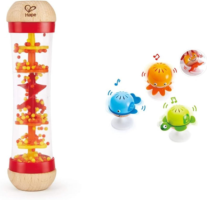 Hape Saugknopf Rasselset | DREI Wassertiere mit Beissringelementen | Lernspielzeug-Set für Babys & R