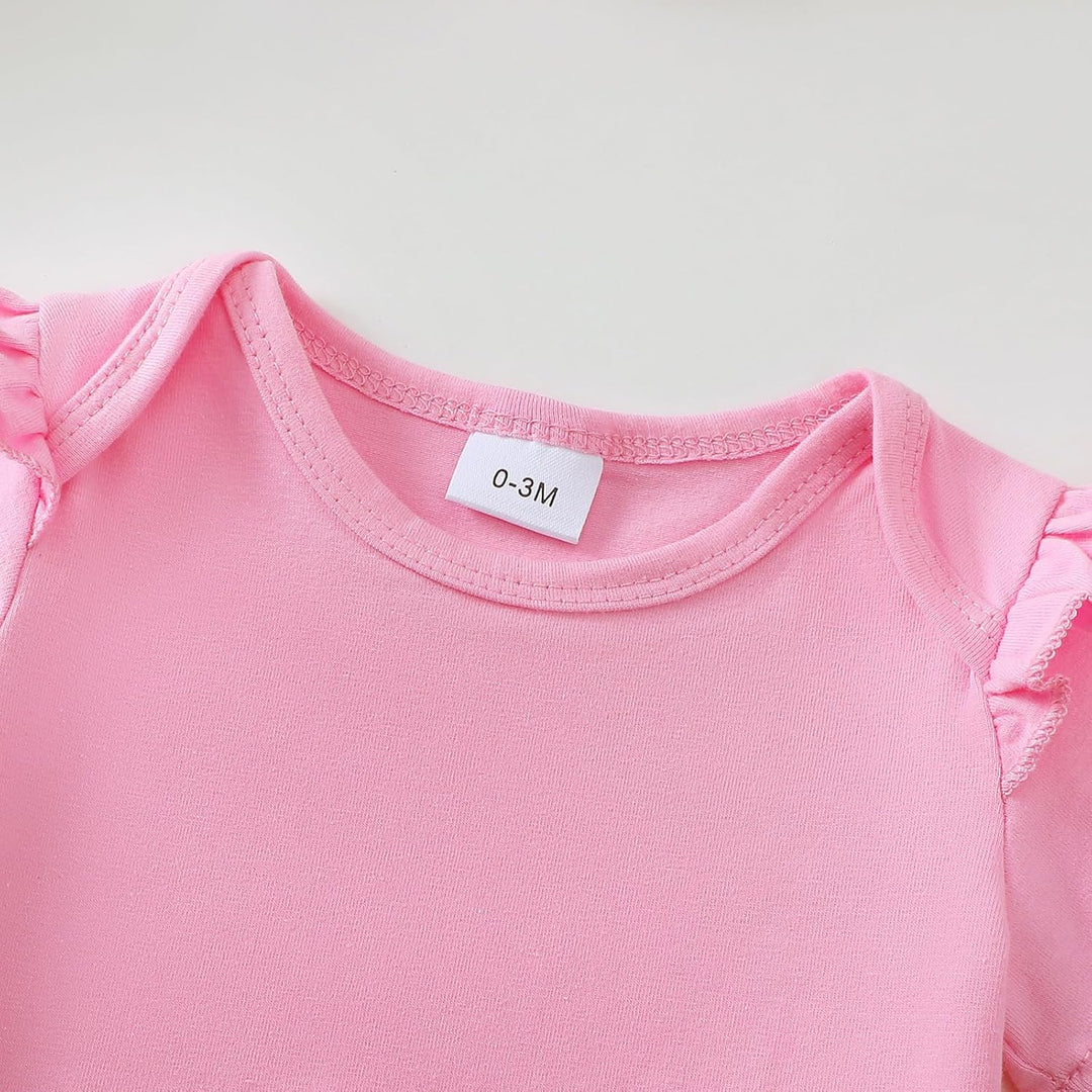 Baby Outfits für Mädchen mit Herz Print kurzärmelig Strampler Hosenträgerrock Bären Kleid Schleife S