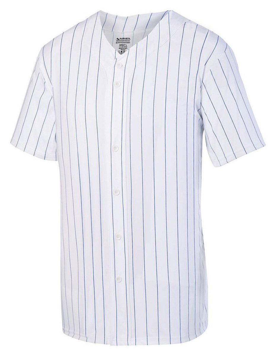 Augusta Herren Pinstripe Full Button Baseball Jersey Hemd M Weiss / Königsblau, M Weiss / Königsblau