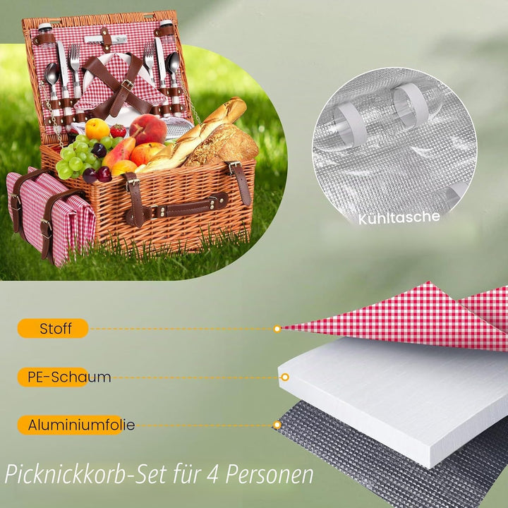 Picknickkorb 4 Personen,Picknickkorb mit Kühlfach und wasserdichte Picknickdecke, Piknik Korb Set mi