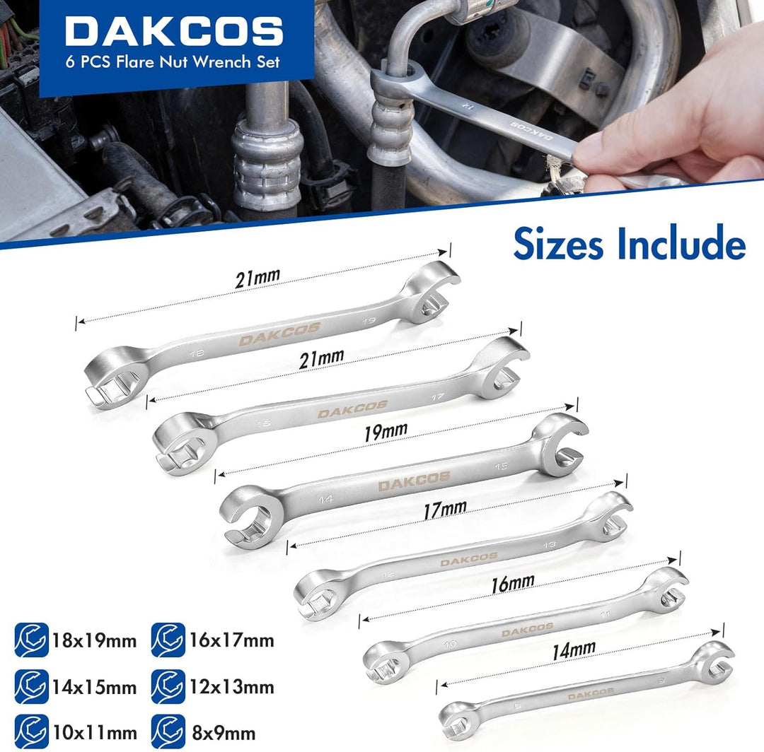DAKCOS 6 tlg. Bremsleitungsschlüssel Set Offener Doppel-Ringschlüssel-Satz, SW 8x9mm, 10x11mm, 12x13