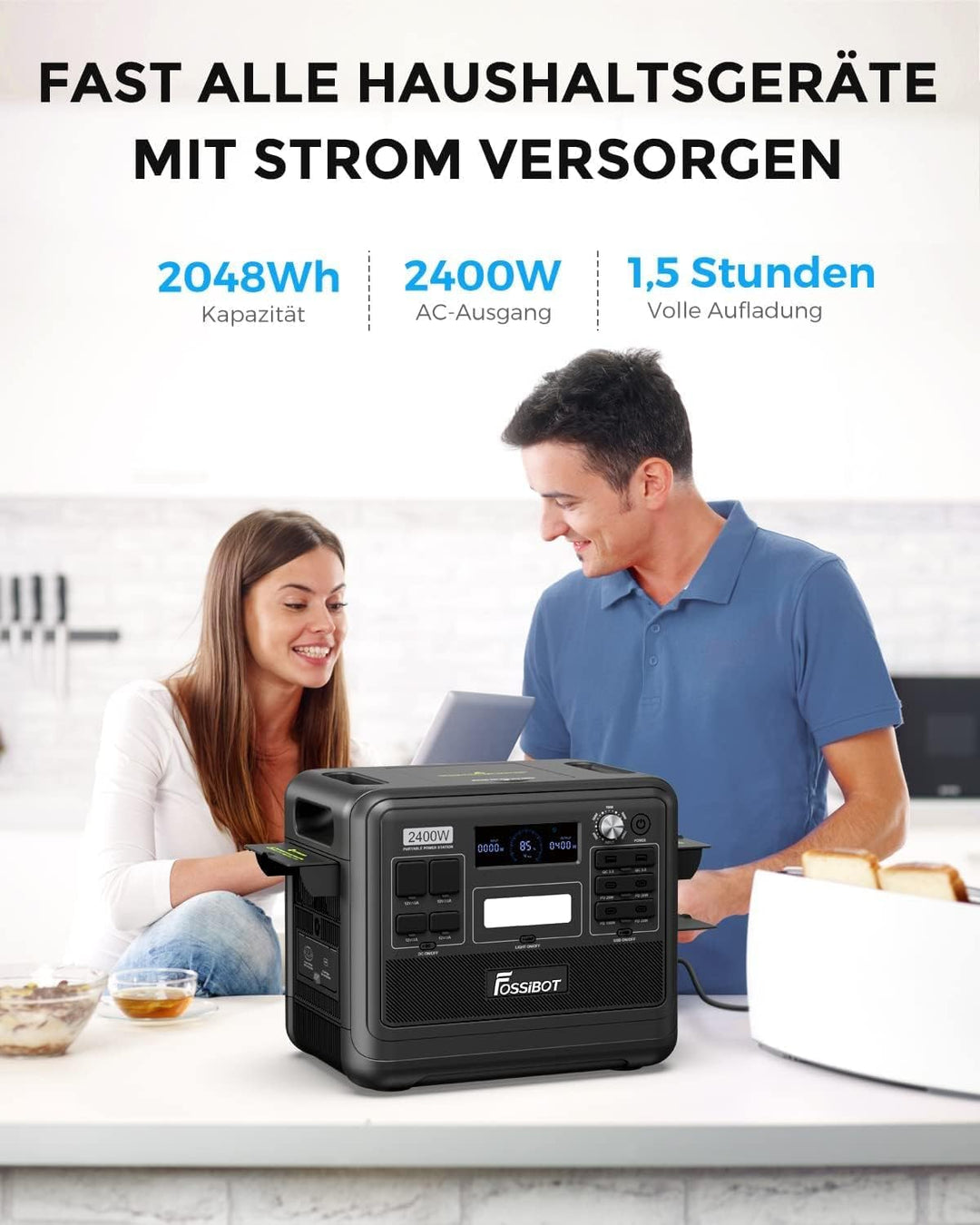 FOSSiBOT Solargenerator F2400 2040Wh mit 200W Solarpanel, LiFePO4 Powerstation mit 3 Wechselstrom Sc