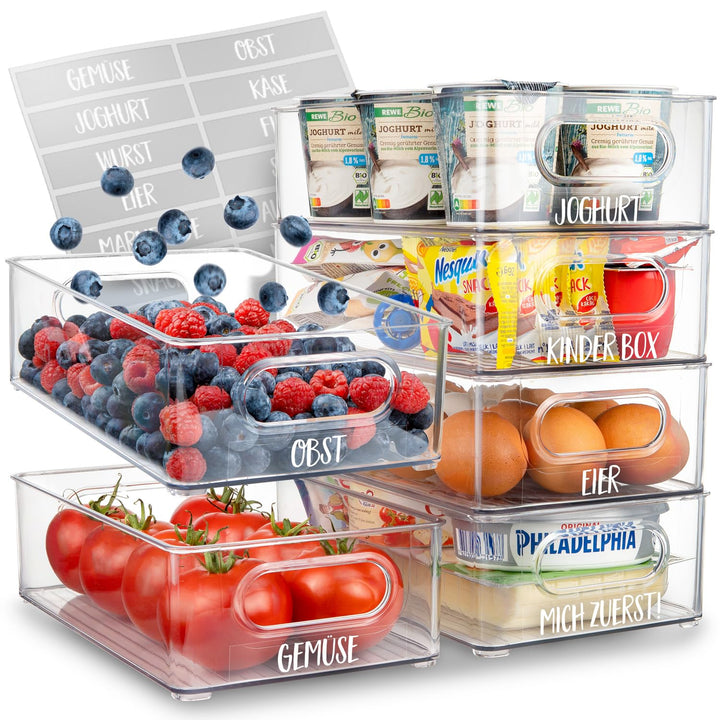 Kühlschrank Organizer 6er Set [mit 16 Aufkleber] Premium Küchen Organizer | Aufbewahrungsbox für Küh