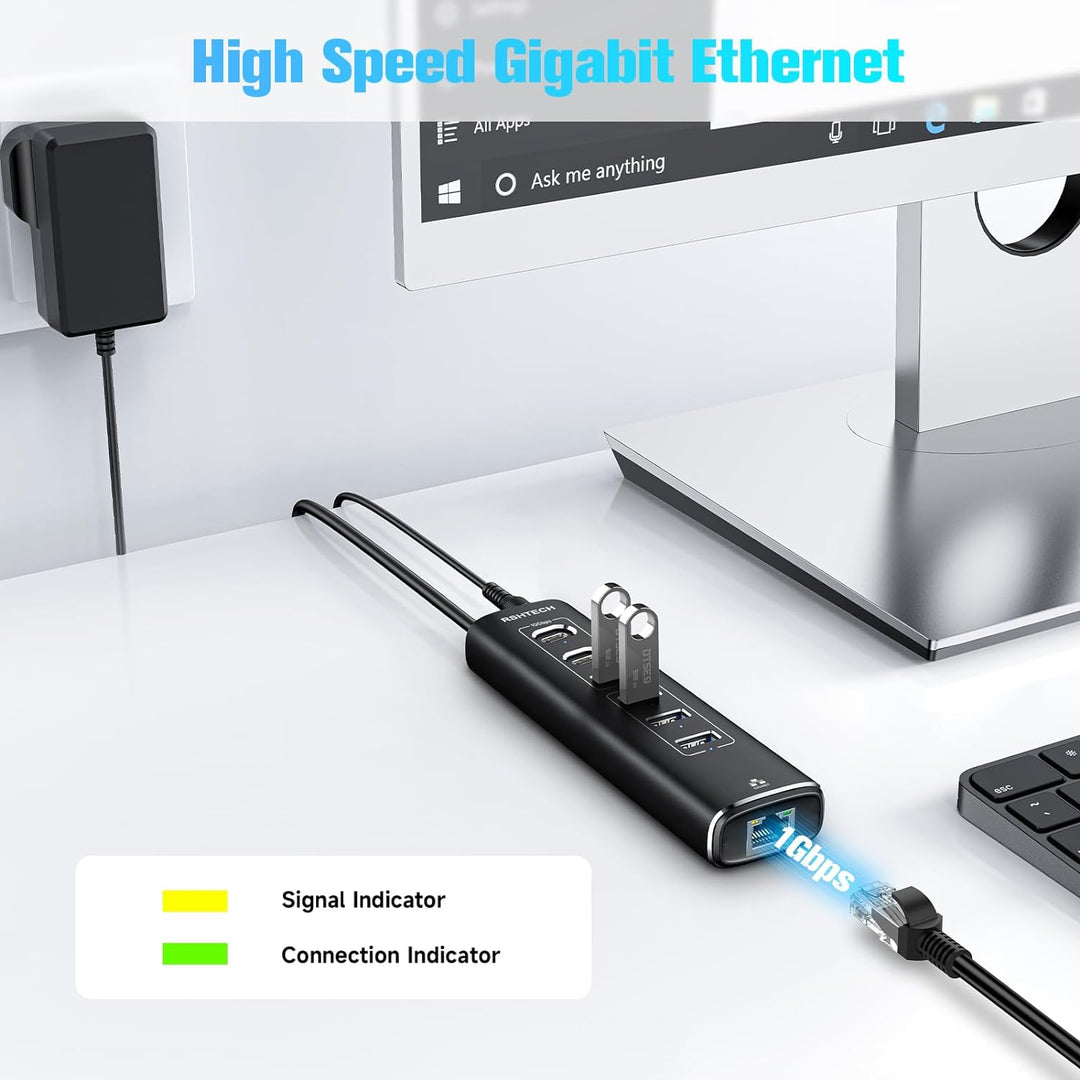 USB C 3.1 Hub Aktiv mit Netzteil, RSHTECH 7-in-1 USB C 3.2 Hub mit Ethernet Adapter, 3*10Gbps USB 3.