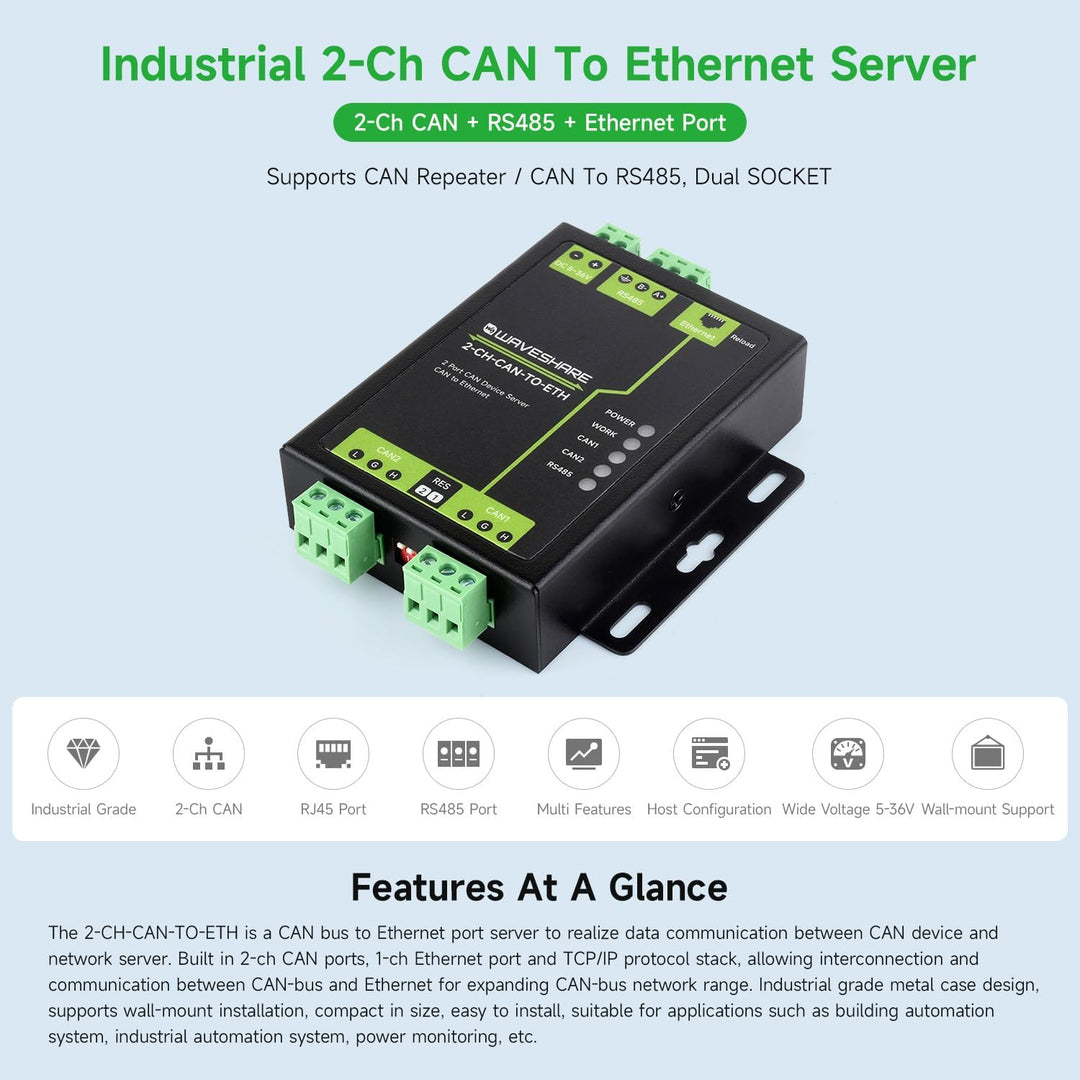 Waveshare 2-Channel CAN Bus to Ethernet Gateway Server with RS485 Port, Industrial Protocol Converte