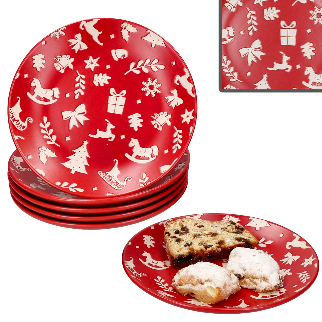 MamboCat 6er Set Advent Dessertteller I Ø20cm I Kuchenteller aus Steingut in Rot mit Weihnachtsmotiv