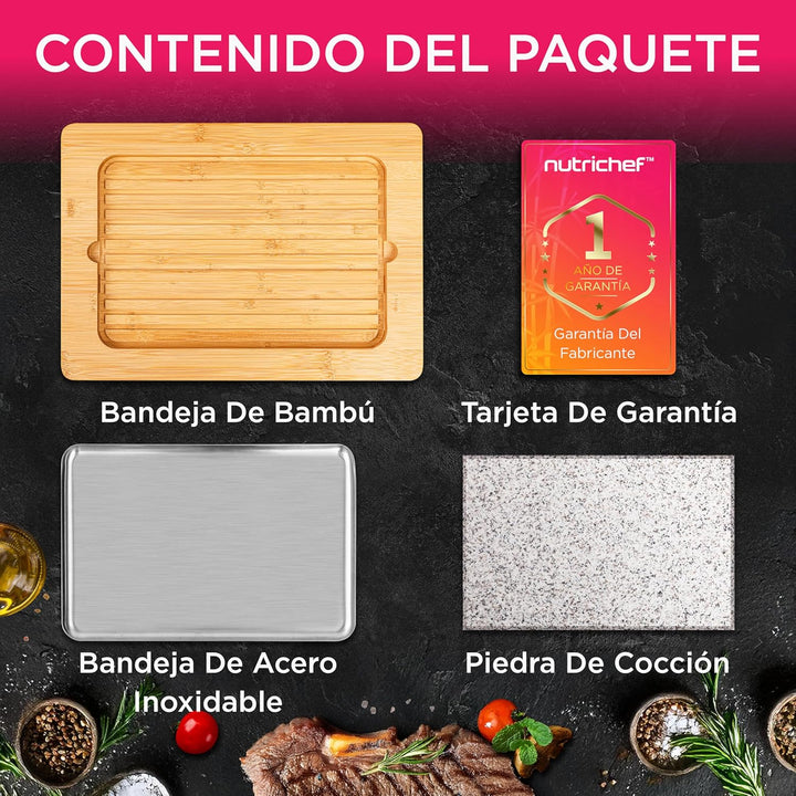 NutriChef Granitstein Grillplatte 38x27cm – Teppanyaki Tischgrill mit Bambusplatte, Antihaft, 290°C,