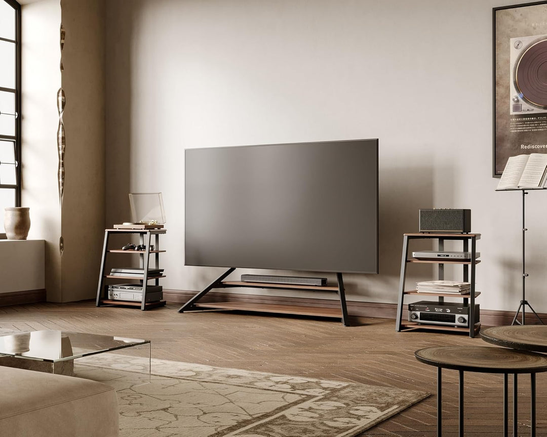 FITUEYES Design HiFi Rack aus Holz &amp; Stahl, Plattenspieler Tisch mit verstellbaren Ablage, HiFi Rega