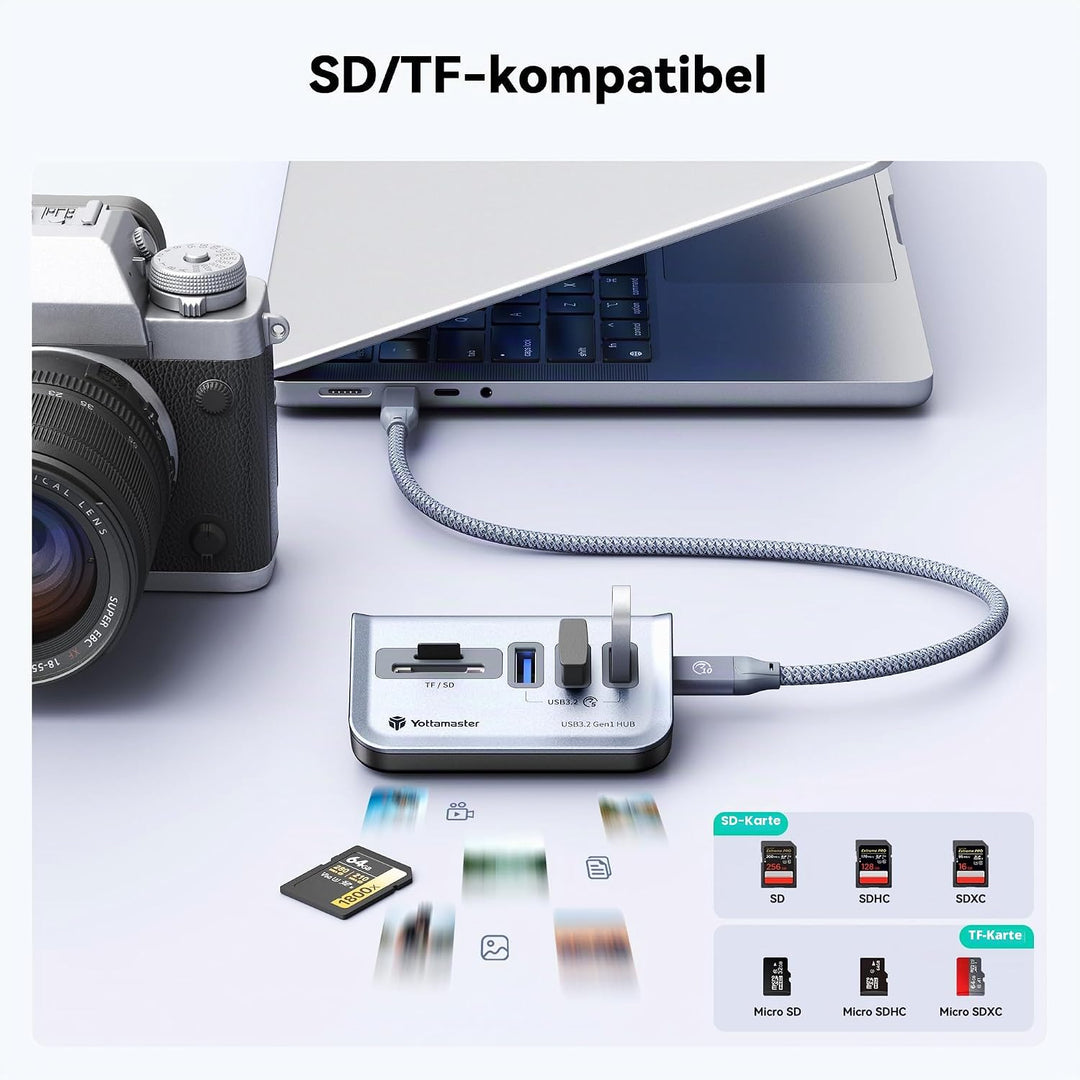 Yottamaster USB Hub mit SD Kartenleser, 5-in-1 USB 3.0 Hub, 3 USB-A 3.0, USB Verteiler mit SD/TF Car