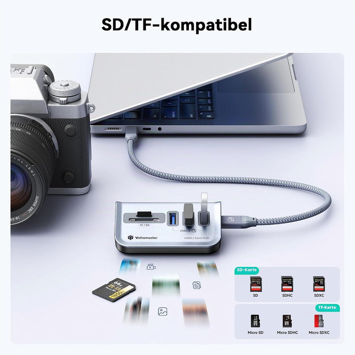 Yottamaster USB Hub mit SD Kartenleser, 5-in-1 USB 3.0 Hub, 3 USB-A 3.0, USB Verteiler mit SD/TF Car