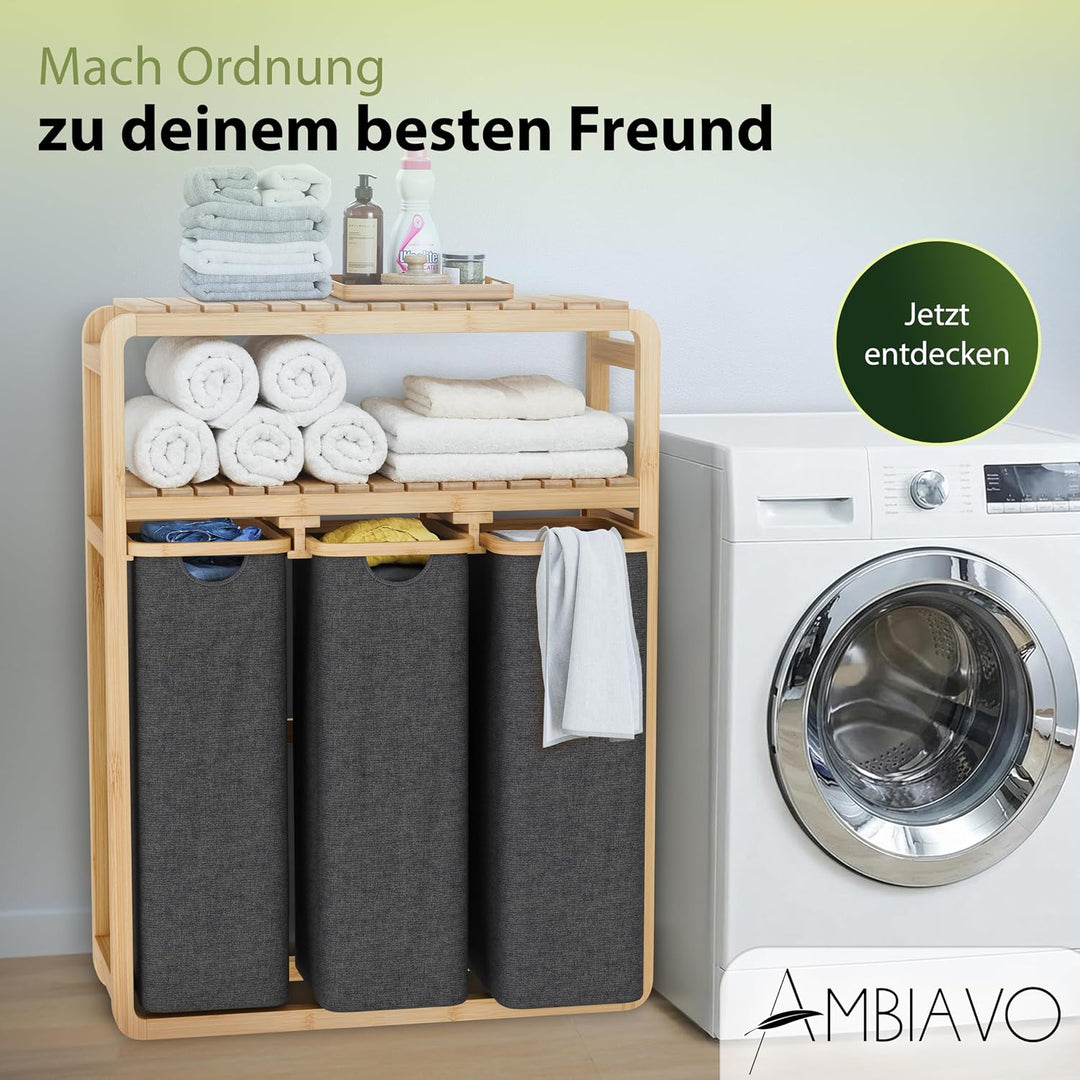 Wäschekorb 3 Fächer mit Ablage grau, 150 L Bambus · Wäschesammler mit Regal · 50 L pro Fach · heraus