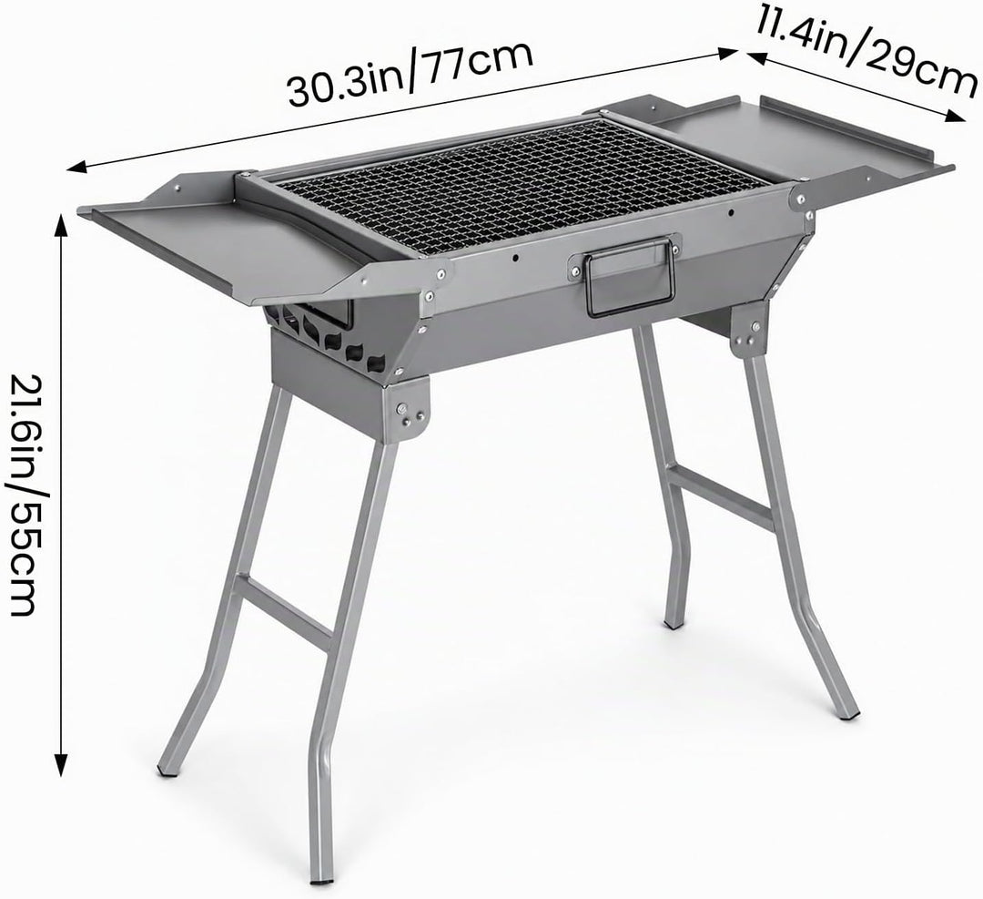 Klappgrill BBQ Set Tragbarer Holzkohlegrill mit 2 Seitenablagen, 28,5 x 77 x 55 cm Faltbar Grill Sch