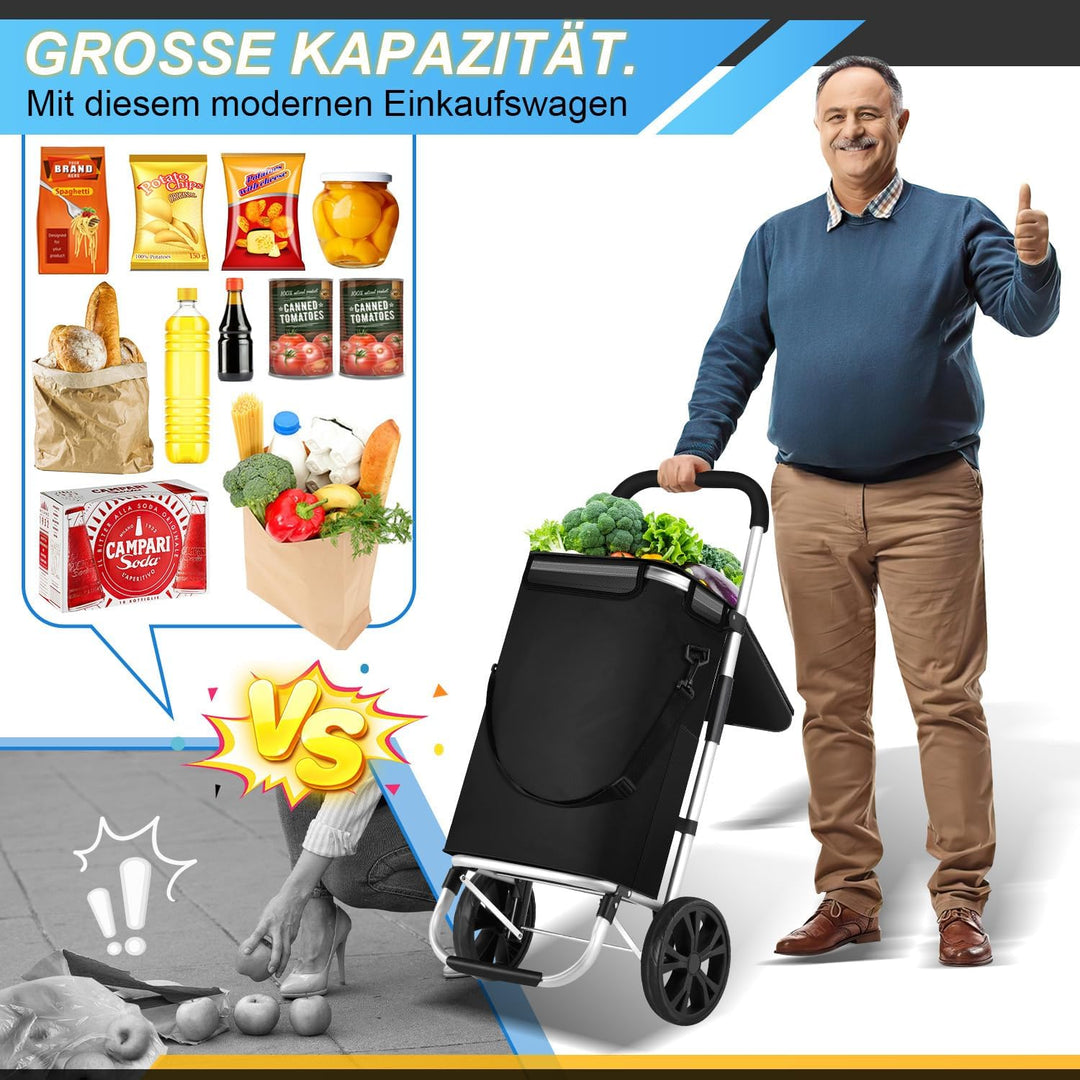 Einkaufstrolley klappbar mit Kühlfach, 40L Kapazität & 40kg Tragkraft | Einkaufswagen mit faltbarem