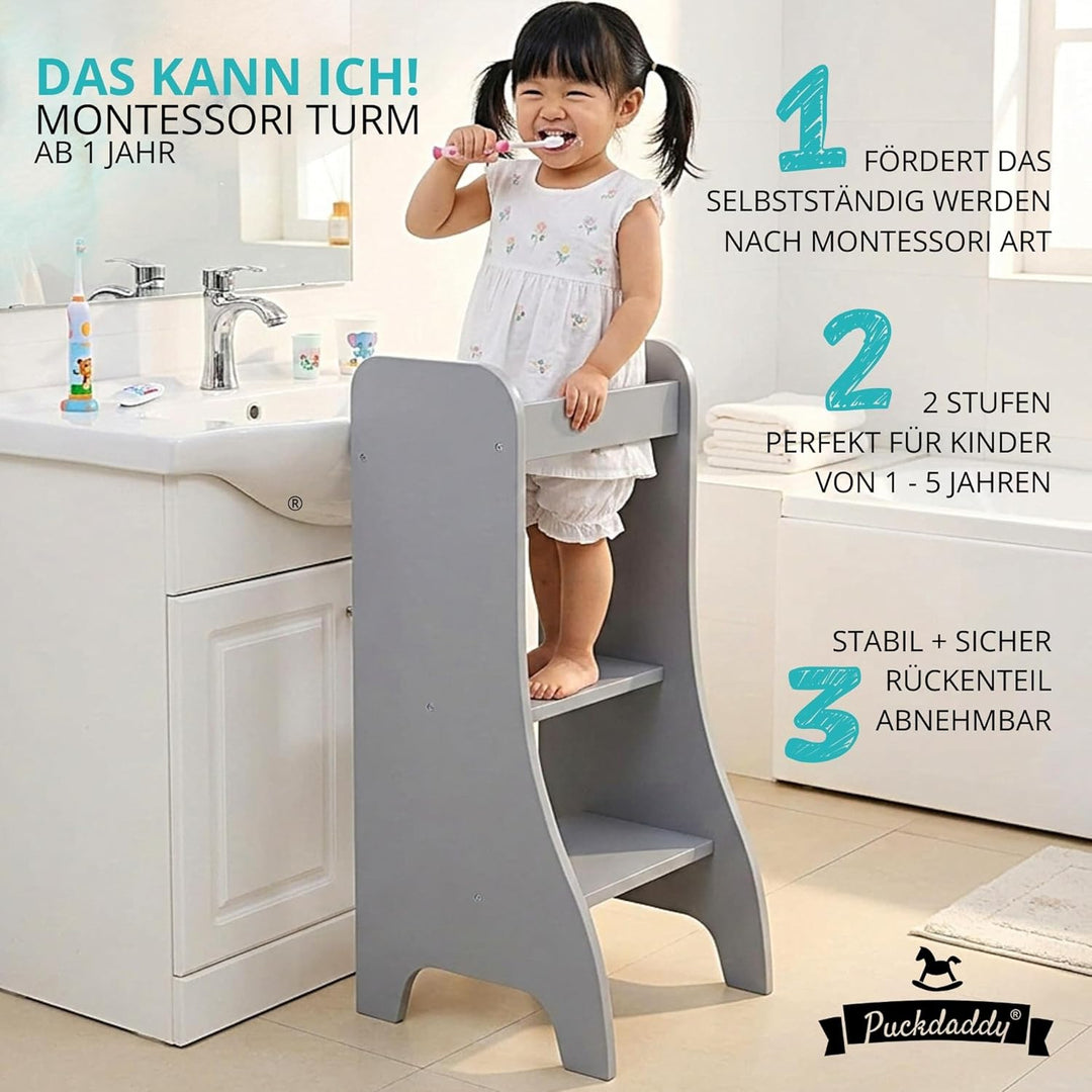 Puckdaddy® Lernturm ab 1 Jahr mit Kippschutz - Grau, 43x50x94 cm - Montessori Learning Tower - Tritt