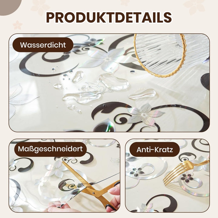 Tischfolie Transparent mit Blumenmuster 40 x 100 cm, 2mm Transparente Tischdecke Tischschutz, PVC Gl