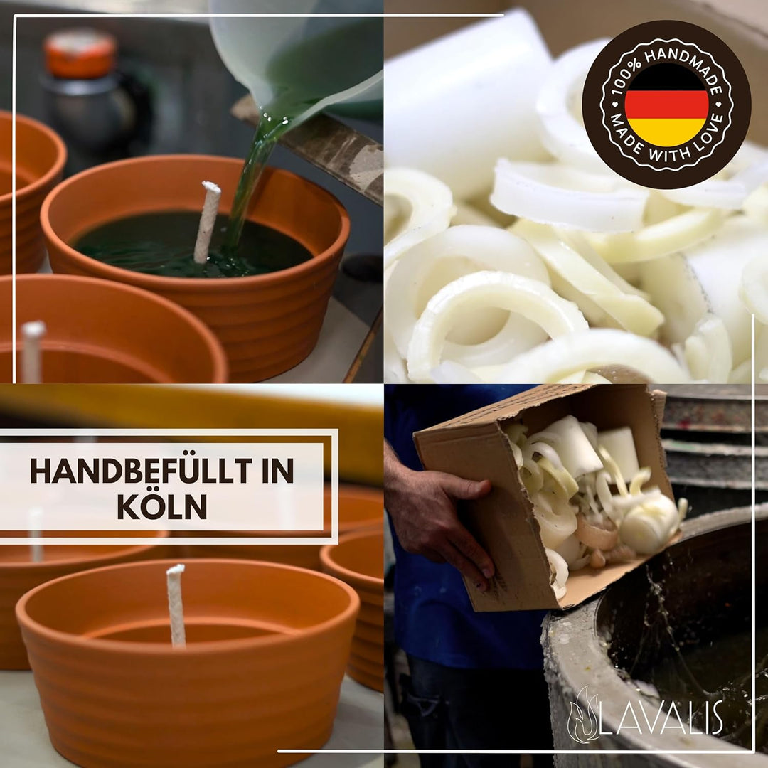 Lavalis 4x kleine Outdoor Kerzen, handbefüllte Terrakotta Kerzen aus recyceltem Wachs, 15h Brenndaue