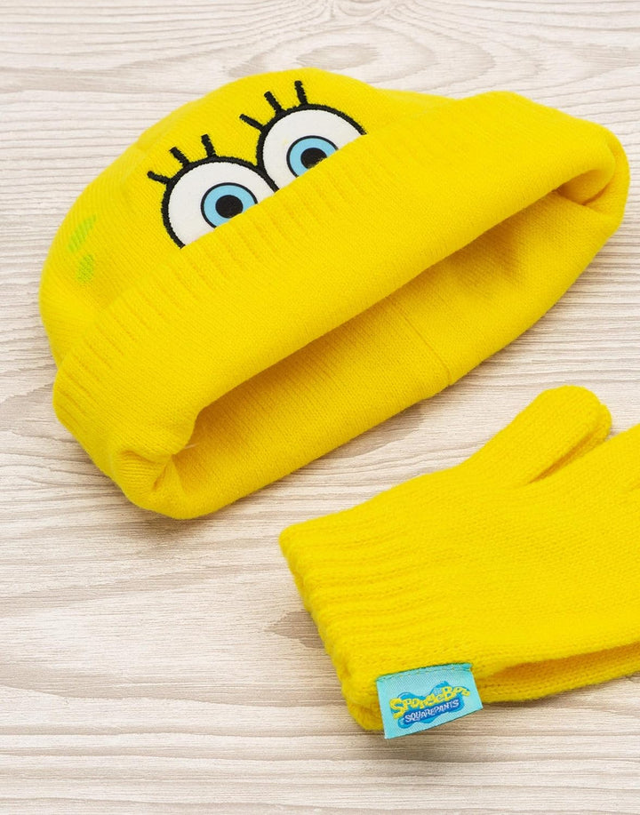 SPONGEBOB SQUAREPANTS Hut und Handschuhe Kinder gelbe gestrickte Winterleiste
