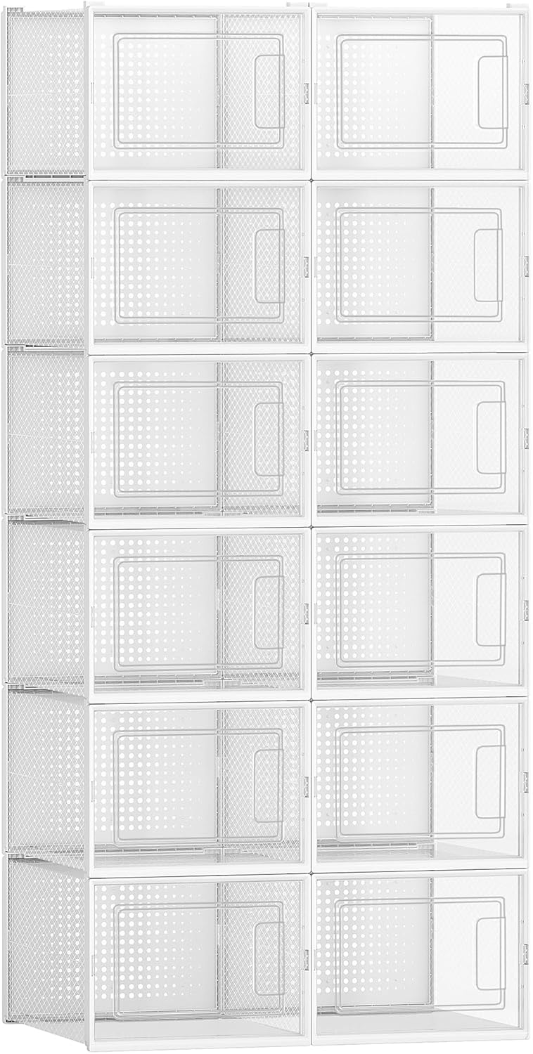 SONGMICS Schuhboxen, 12er Pack Schuhkartons, faltbar und stapelbar, bis Grösse 46, transparent-weiss