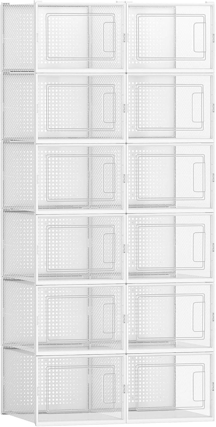 SONGMICS Schuhboxen, 12er Pack Schuhkartons, faltbar und stapelbar, bis Grösse 46, transparent-weiss