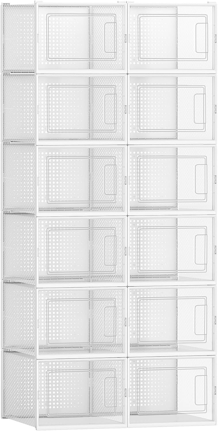 SONGMICS Schuhboxen, 12er Pack Schuhkartons, faltbar und stapelbar, bis Grösse 46, transparent-weiss