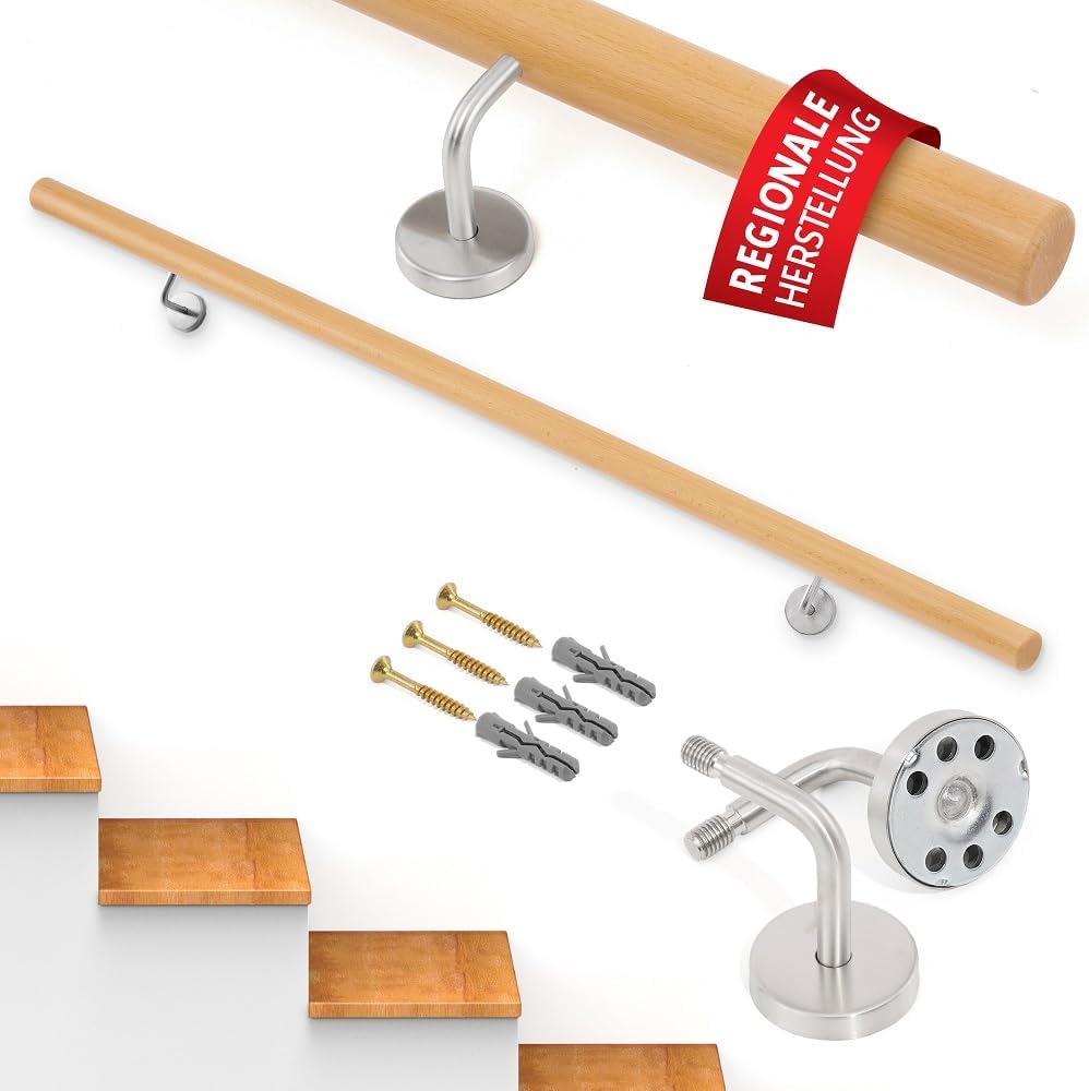 Handlauf Set Holz Buche 45mm rund inkl. 3 Edelstahlhalter zum Einschrauben (250 cm) 250 cm + 3 Halte