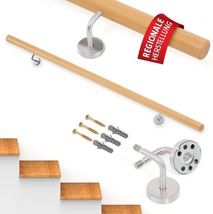Handlauf Set Holz Buche 45mm rund inkl. 3 Edelstahlhalter zum Einschrauben (250 cm) 250 cm + 3 Halte