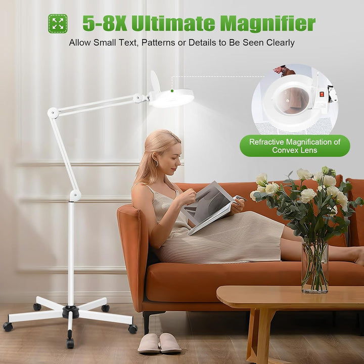 LED Lupenleuchte Kosmetik mit Standfuss, 8X LED Lupenlampe, Mit Rollstativ Lupenleuchte Kosmetiklamp
