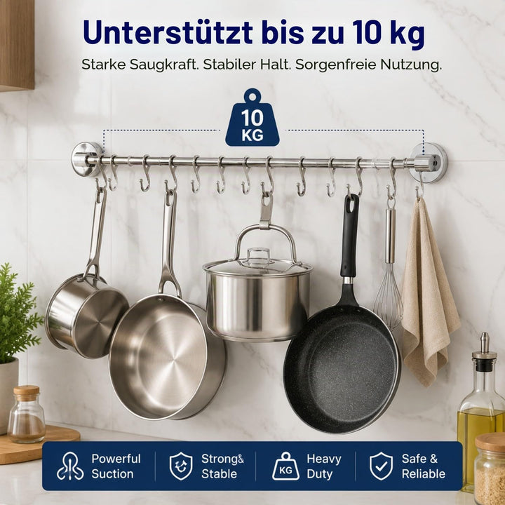 Küchenhakenleiste mit 12 Haken S, Saugnapfmontage, Wandorganizer OHNE BOHREN, Traglast 10 kg, für Tö