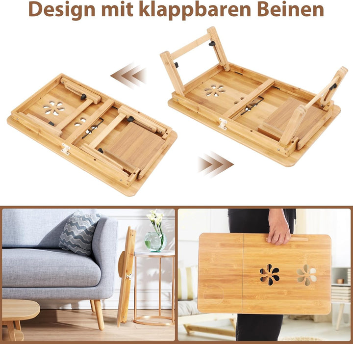 Queiting Laptoptisch 50x30cm Laptop Tisch Betttisch Laptop Knietisch Bambus Notebooktisch mit Lüftun