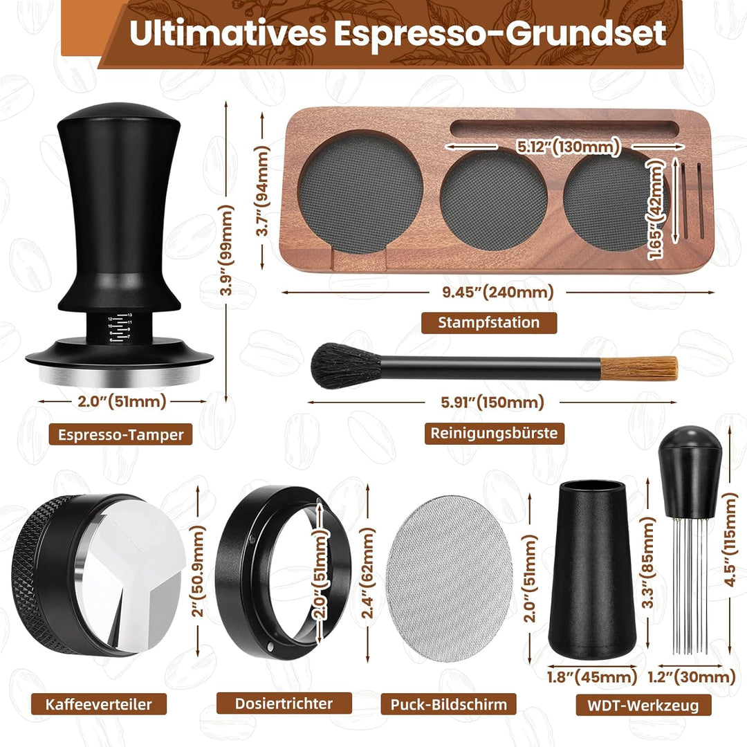 51mm Espresso Zubehör 7tlg. Set inkl. WDT Tool 51mm, Tamper, Distributor, Dosierring & Tamperstation