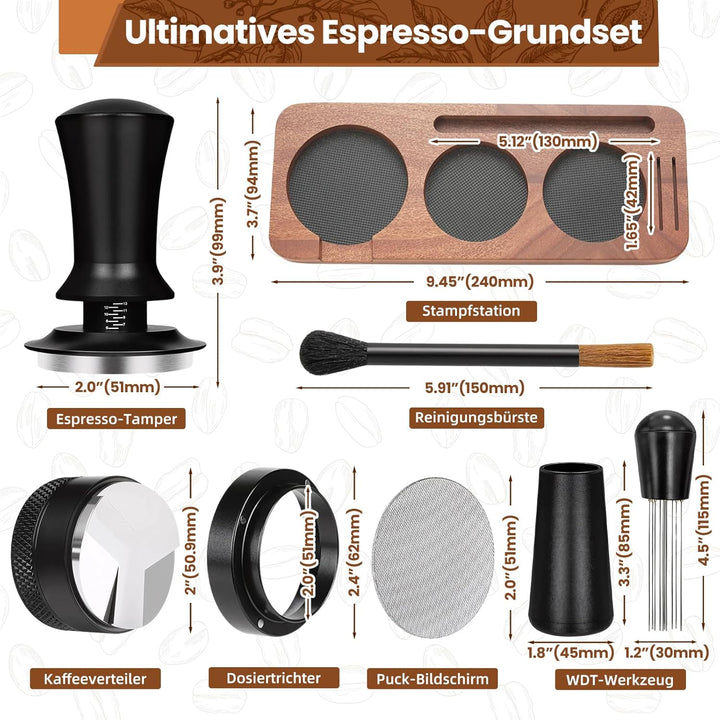 51mm Espresso Zubehör 7tlg. Set inkl. WDT Tool 51mm, Tamper, Distributor, Dosierring & Tamperstation